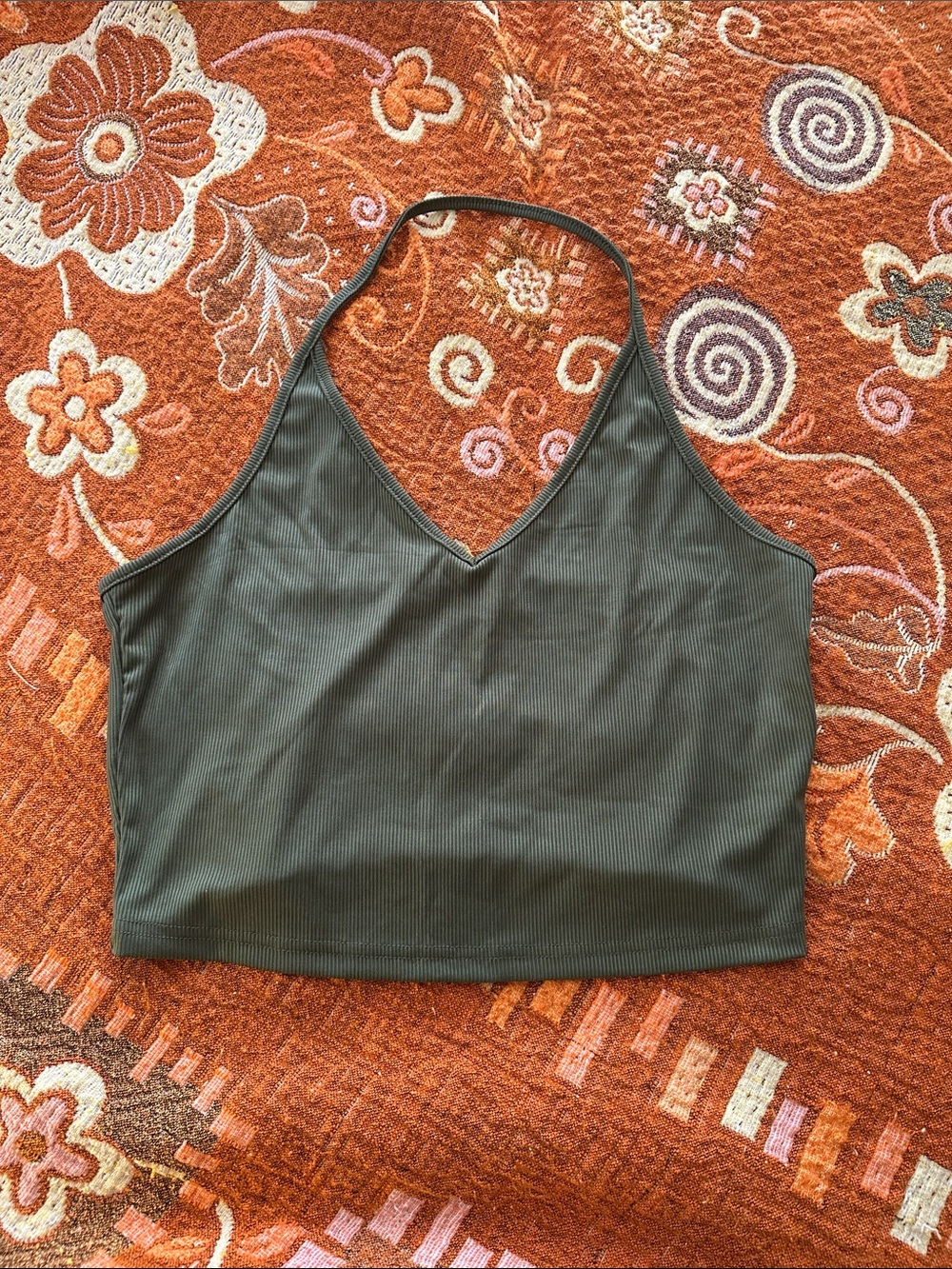SHEIN Olive Ribbed Cropped Halter Tank